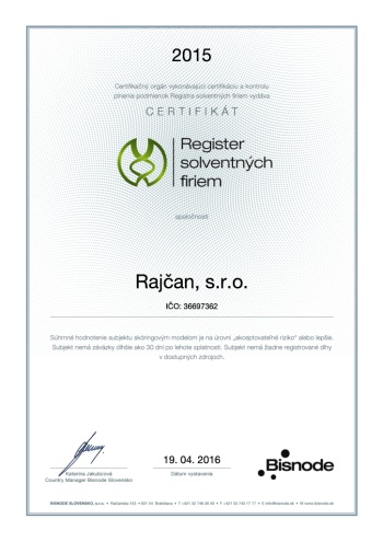 Certifikát Registra solventných firiem